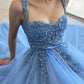 Exquisite 3D Flowers Beads Blue Long Prom Dresses Sweetheart Tulle Bow Sash Floor Length Evening Gowns  nv1641