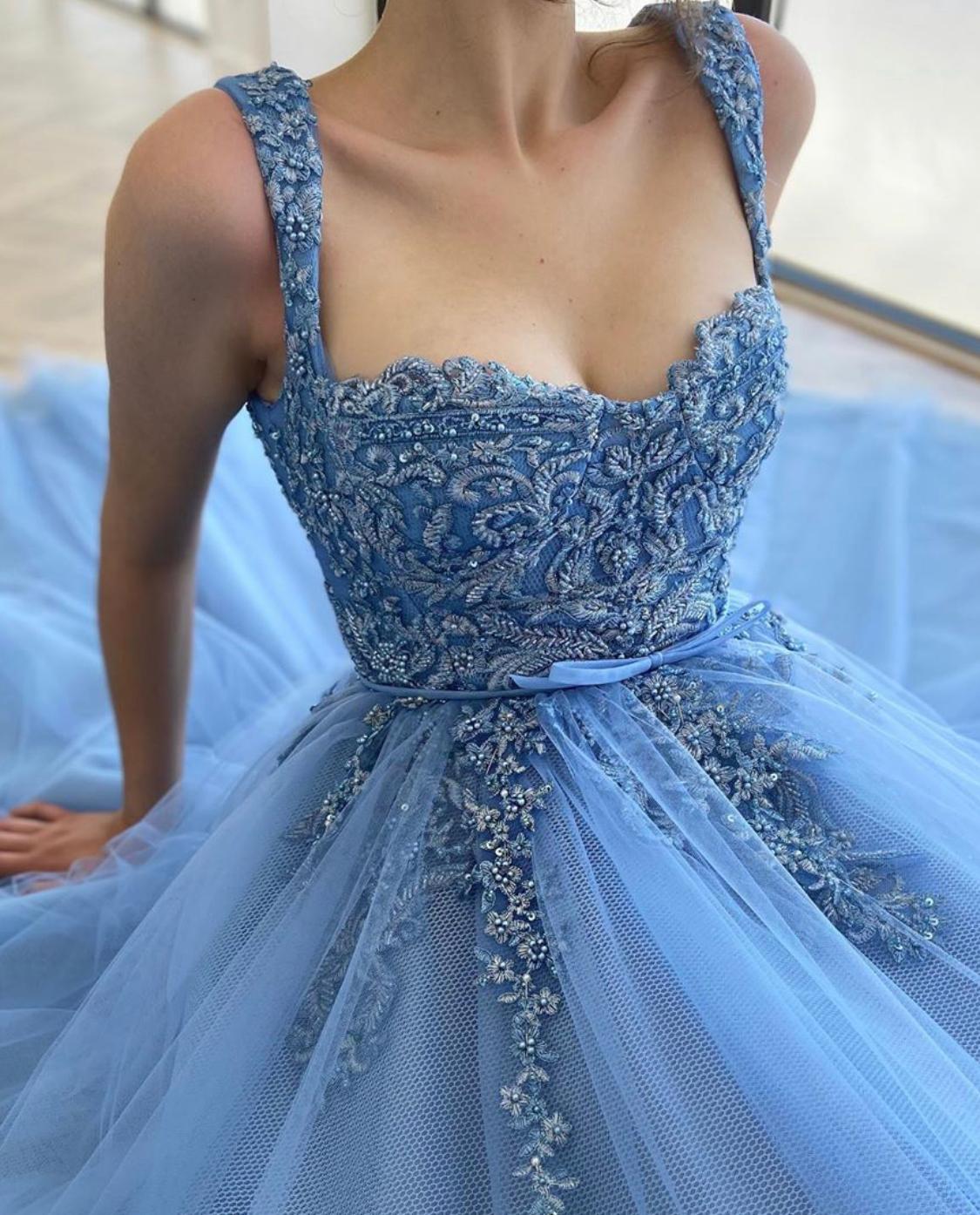 Exquisite 3D Flowers Beads Blue Long Prom Dresses Sweetheart Tulle Bow Sash Floor Length Evening Gowns  nv1641