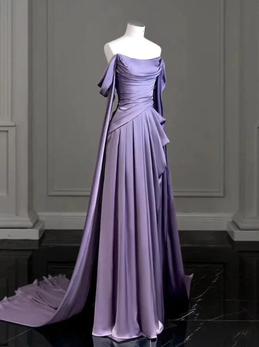 Elegantes langes Ballkleid aus violettem Satin in A-Linie, formelles Partykleid nv1644