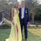 Yellow Deep V Neck A-Line Open Back Hollow Slit Long Prom Dress Formal Party Dress Evening Gown nv2481