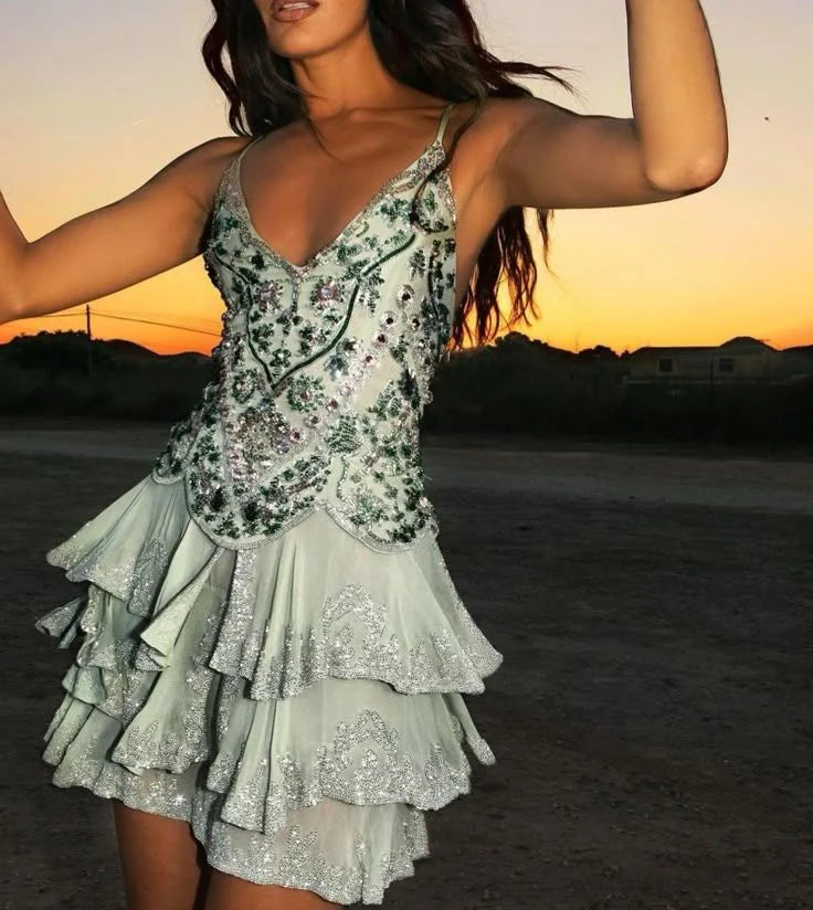Green shiny beaded short ruffled chiffon homecoming dress cocktail party dress birthday dress nv4800