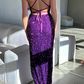 Lila Pailletten Bodycon Sexy Quadrat Spaghetti-Trägern Seitenschlitze Langes Partykleid Ballkleid Abendkleid nv2433