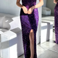 Lila Pailletten Bodycon Sexy Quadrat Spaghetti-Trägern Seitenschlitze Langes Partykleid Ballkleid Abendkleid nv2433