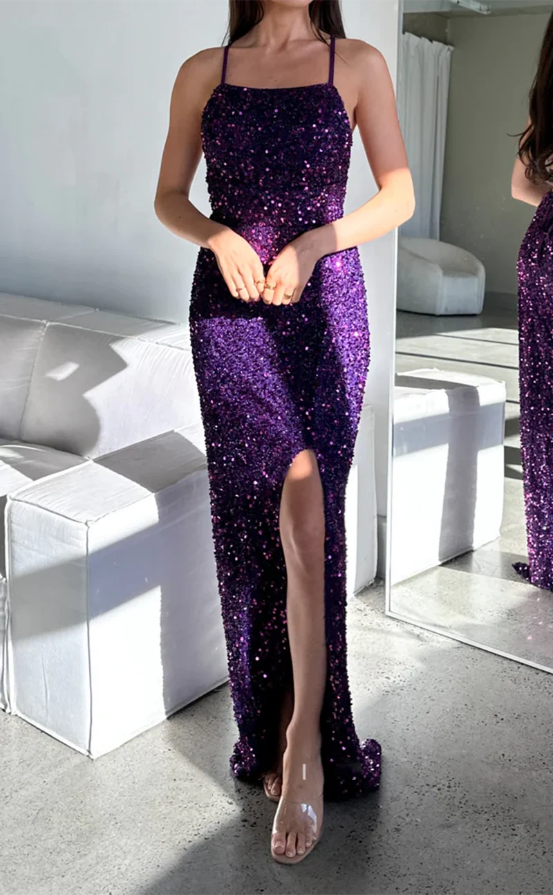 Lila Pailletten Bodycon Sexy Quadrat Spaghetti-Trägern Seitenschlitze Langes Partykleid Ballkleid Abendkleid nv2433