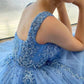 Exquisite 3D Flowers Beads Blue Long Prom Dresses Sweetheart Tulle Bow Sash Floor Length Evening Gowns  nv1641