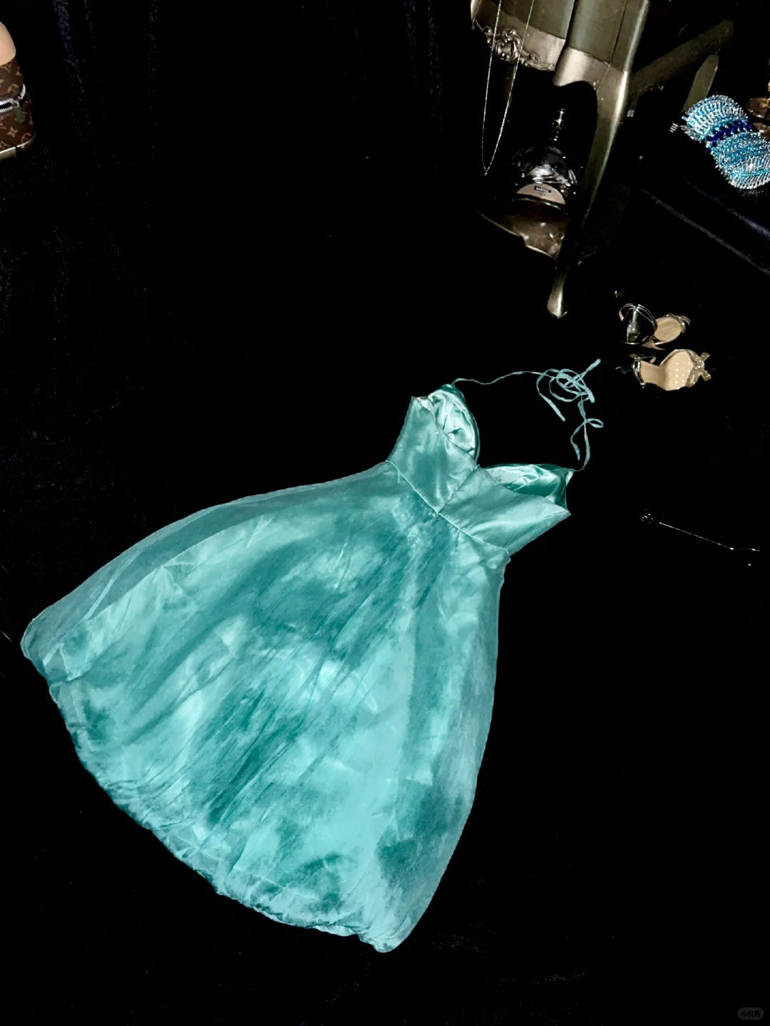 Mint Green Floral Halter Short Satin Tulle Homecoming Dress Evening Dress Birthday Party Dress nv4689