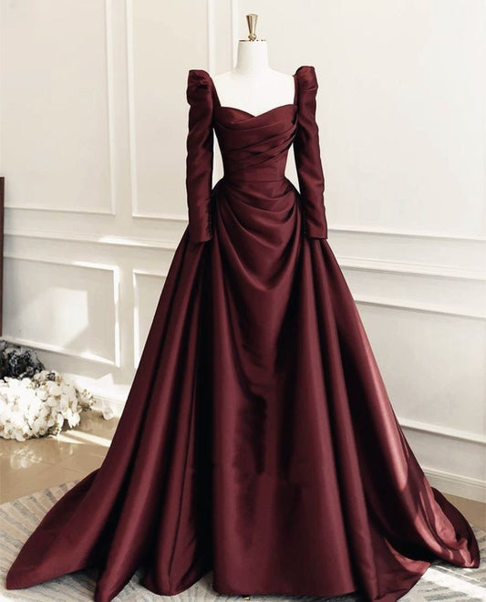 NiceVestidos-_Long-Sleeved Burgundy Floor-Length Satin Ball Gown NV6062