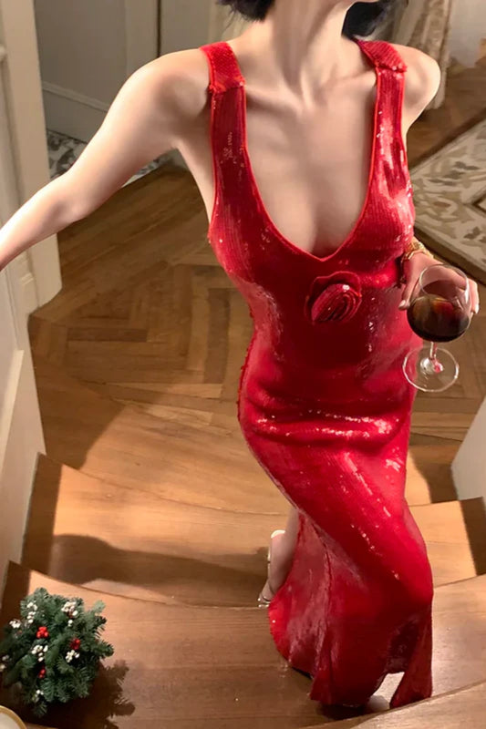 Charming Red Mermaid Halter Sequin Open Back Prom Dress Evening Dress nv5394