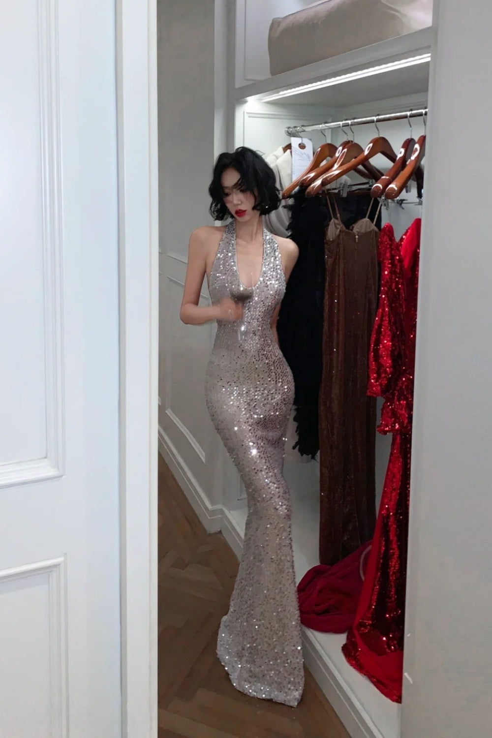 Silver Gray Sequin Halter Mermaid Dress: Deep V Backless, Fitted Train, Banquet Centerpiece Gown NV6410