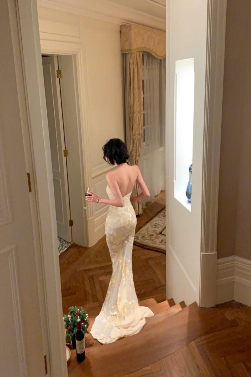 French Diva-style Embroidery Dress: Sheer Tulle, Long Train Design, High-end Party Dress NV6415