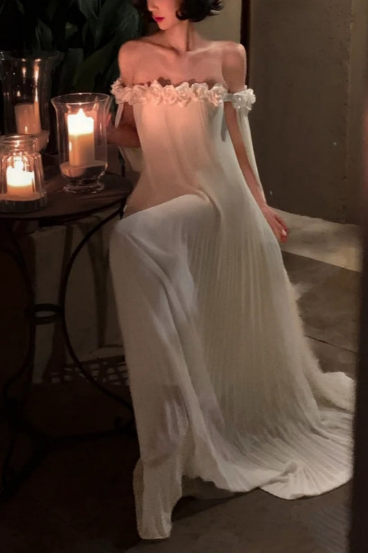 French 3D Flower Off-the-shoulder Gown: Pleated Chiffon, Backless Sash, Fairy Hot Spring Resort Dress NV6402