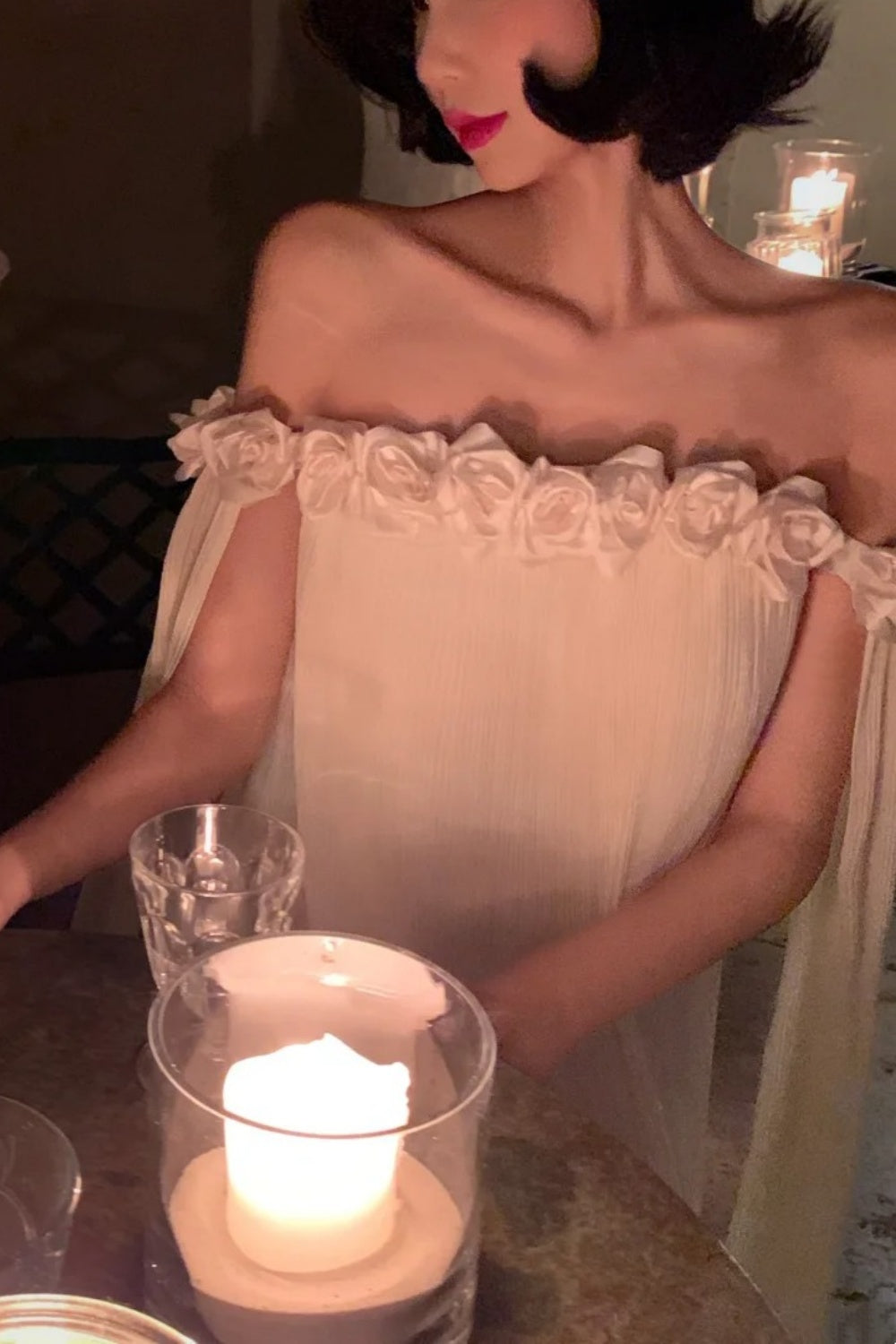 French 3D Flower Off-the-shoulder Gown: Pleated Chiffon, Backless Sash, Fairy Hot Spring Resort Dress NV6402