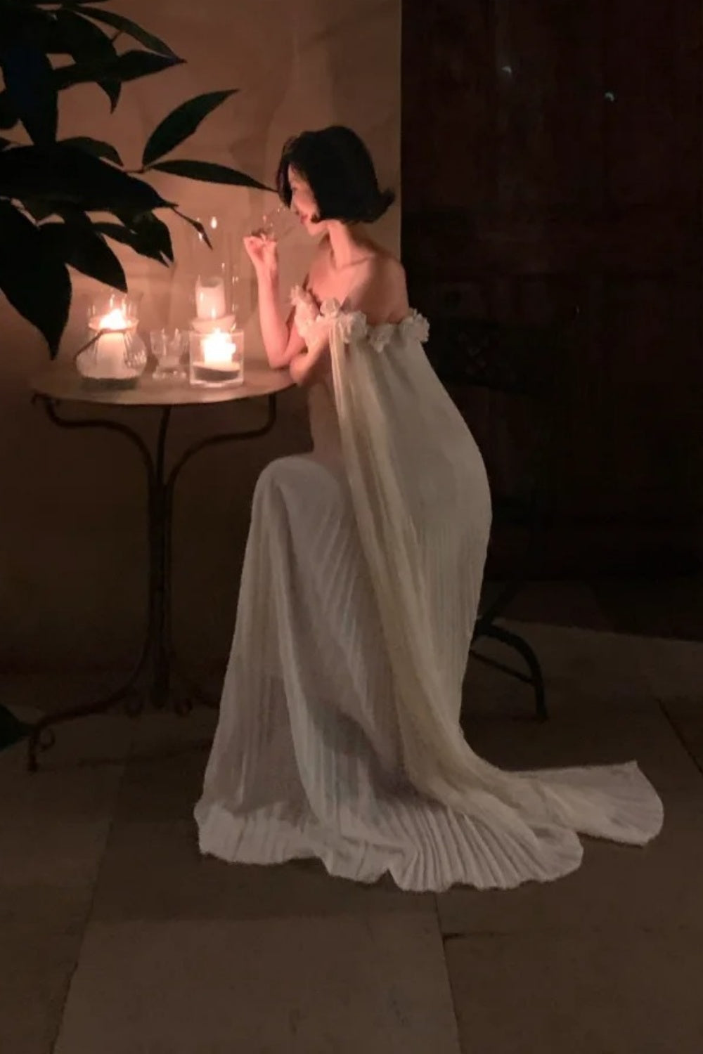 French 3D Flower Off-the-shoulder Gown: Pleated Chiffon, Backless Sash, Fairy Hot Spring Resort Dress NV6402