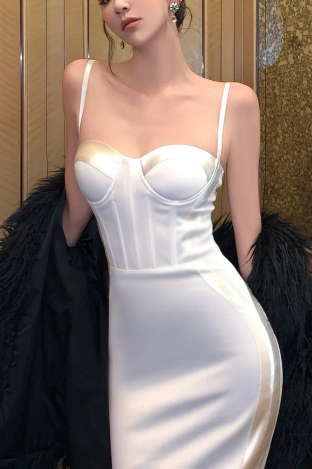 White Satin Boned Camisole Dress: 3D Bust Pad, Fitted Bodycon, Luxury Evening Gown NV6407