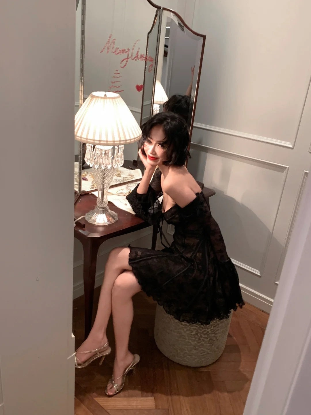 Retro Black/Beige Lace Off-the-shoulder Mini Dress: Lace-up Waist, Sheer Long Sleeve, Fairy-style Party Dress NV6417