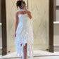 White spaghetti straps long chiffon tassel ruffles fashionable evening dress party dress with same style ribbon nv2897