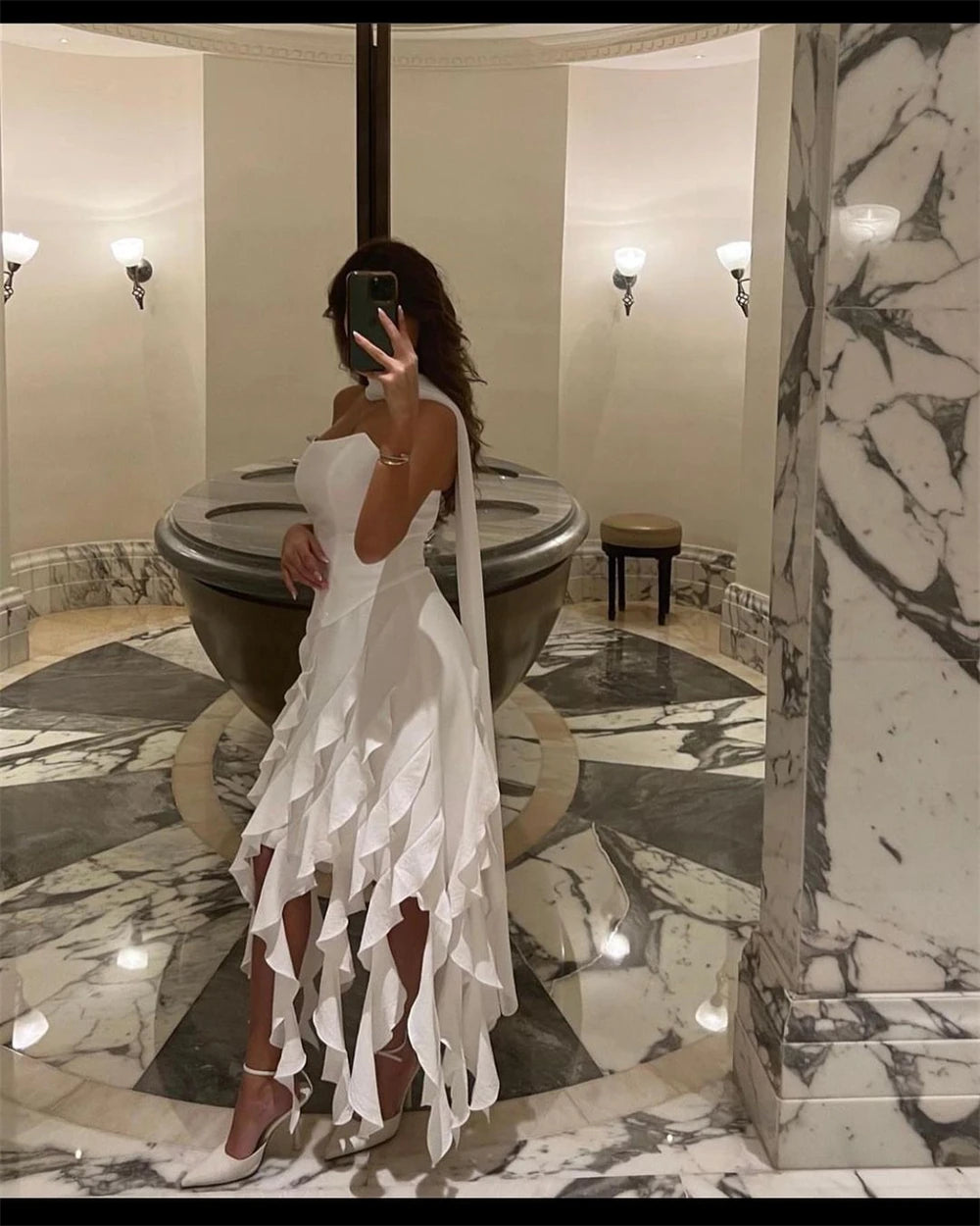 White spaghetti straps long chiffon tassel ruffles fashionable evening dress party dress with same style ribbon nv2897