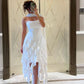 White spaghetti straps long chiffon tassel ruffles fashionable evening dress party dress with same style ribbon nv2897