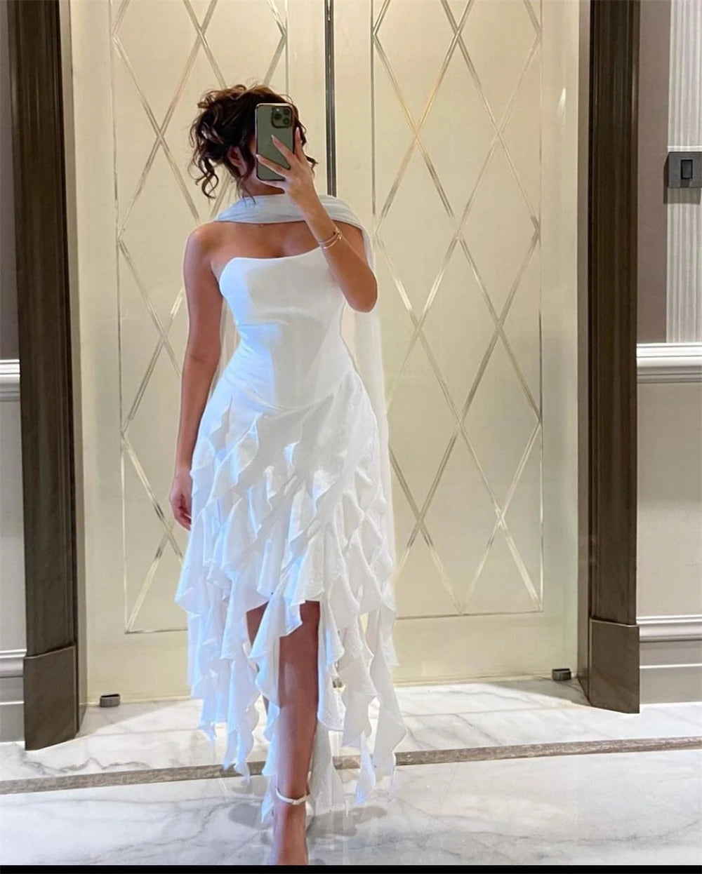 White spaghetti straps long chiffon tassel ruffles fashionable evening dress party dress with same style ribbon nv2897