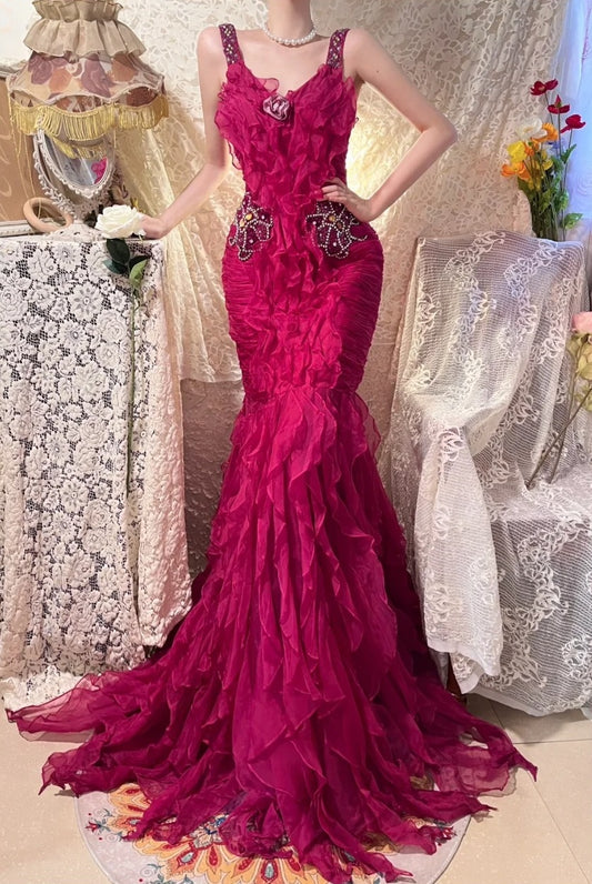 Pink Beaded Beautiful Mermaid Long Chiffon Ball Gown Evening Dress Party Dress nv4323