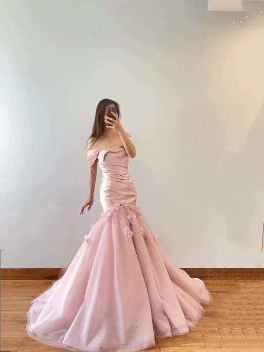 Rosa Blumenmode Elegantes Meerjungfrau Langes Satin Ballkleid Abendkleid nv4775