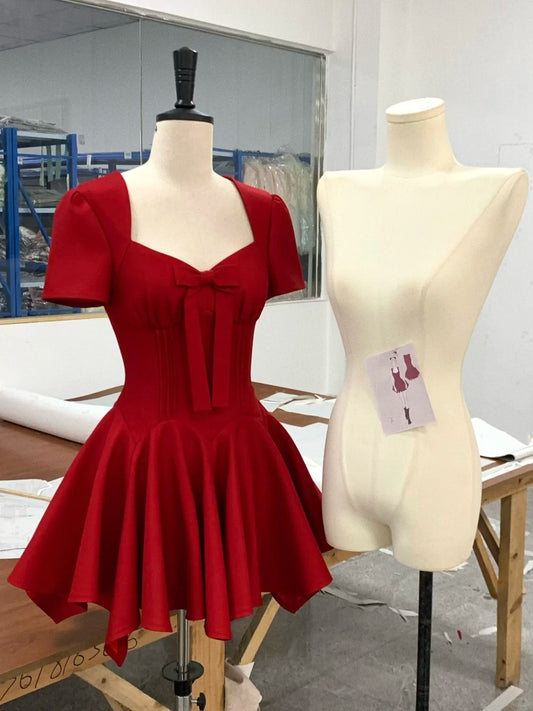 Red Fashion Sweet Bow Short Sleeve Homecoming Dress Prom Dress Birthday Dress nv4515