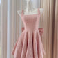 NiceVestidos-Short Homecoming Dress Pink Sequined Tweed Suspender Dress High-End Waist Slimming Bow Short Dress nv5544