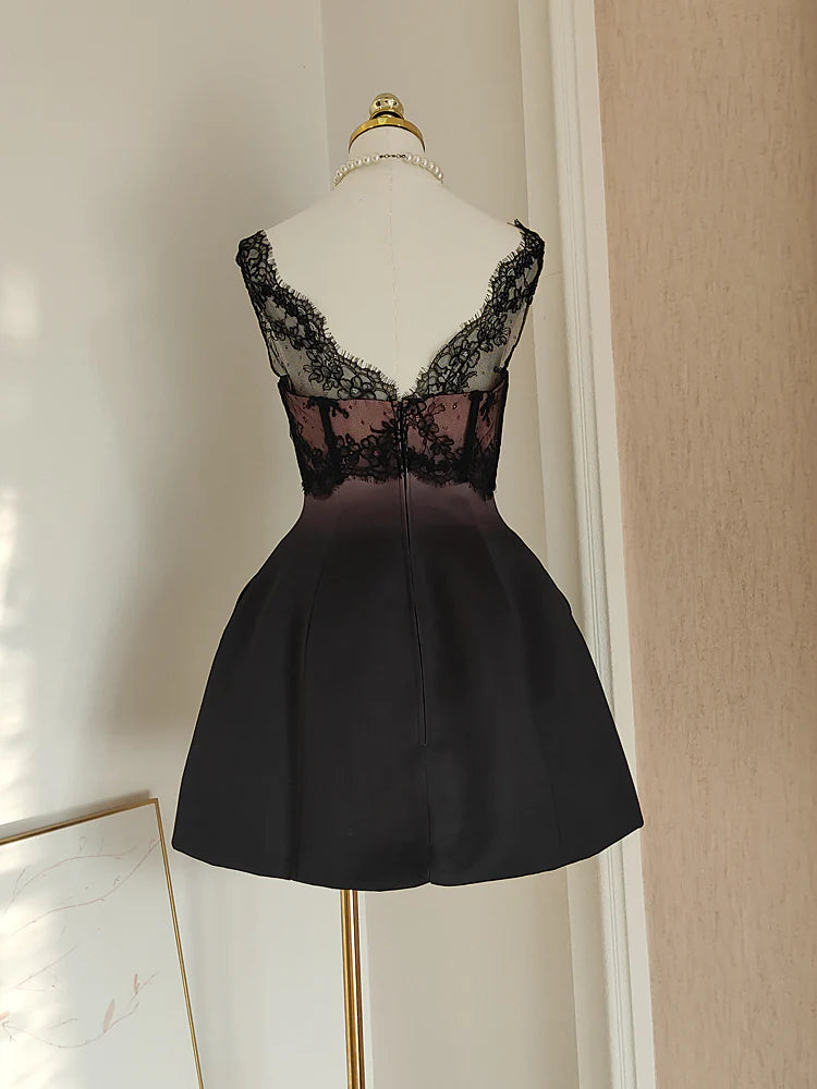 Black Pink Homecoming Dress Satin Lace Holiday Dress Short Birthday Dress nv4268