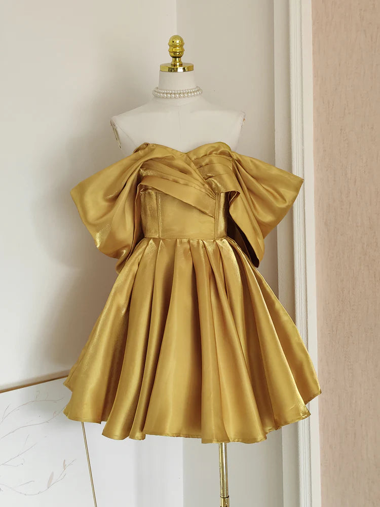 Yellow Homecoming Dress Fashion A-line Off-shoulder Satin Short Birthday Dress nv4271