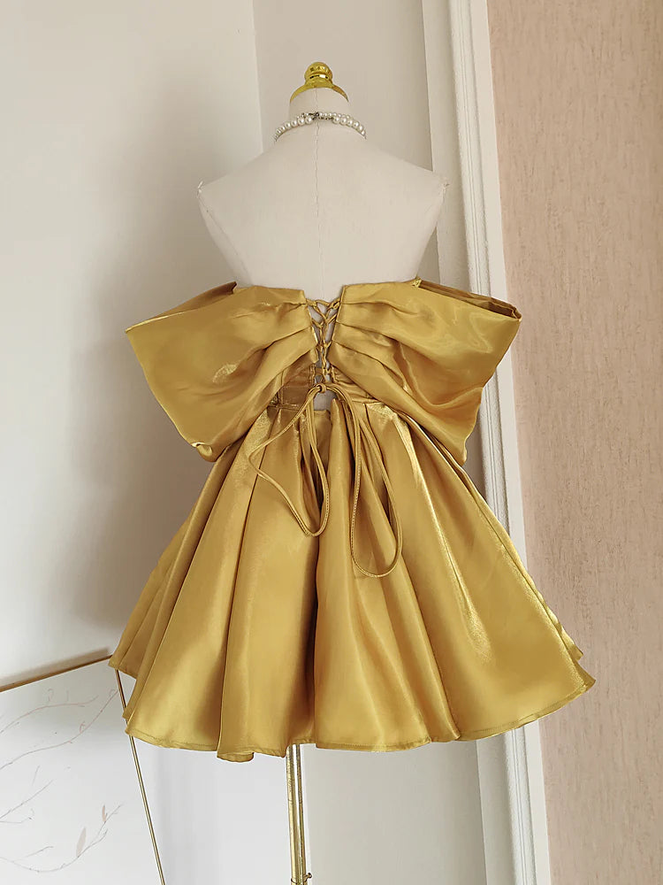 Yellow Homecoming Dress Fashion A-line Off-shoulder Satin Short Birthday Dress nv4271