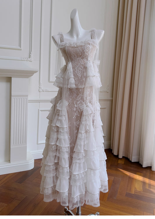 NiceVestidos-Sweet Long Dress French Cake Sling Suit High-End White Fashion Two-Piece Suit nv5547