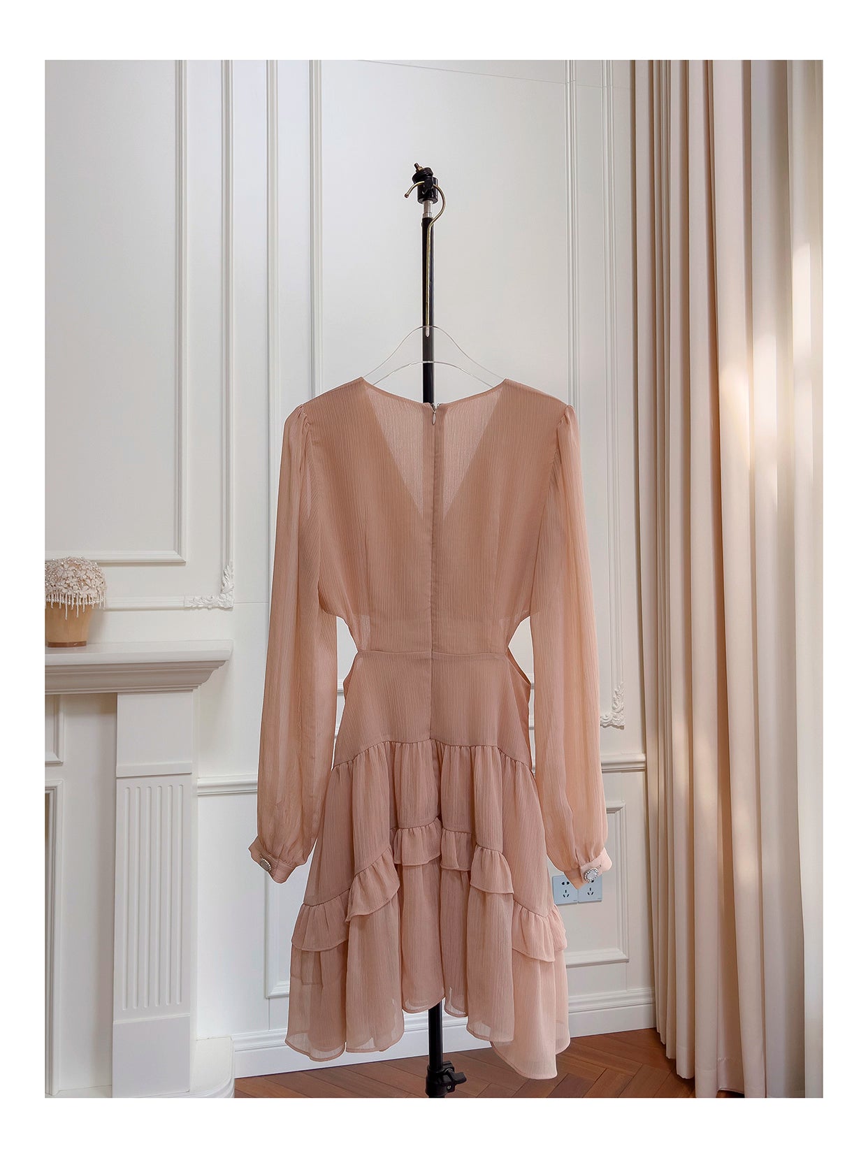 NiceVestidos-Homecoming Dress Floral Champagne Chiffon Gentle And Elegant Short Dress Party Dress nv5553