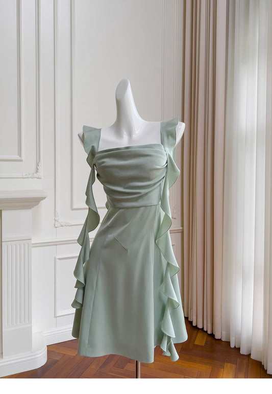 NiceVestidos-Homecoming Dress Mint Green Square Neck Dress Design Sense Ribbon Short Style Petite Summer Slim Satin Dress nv5560