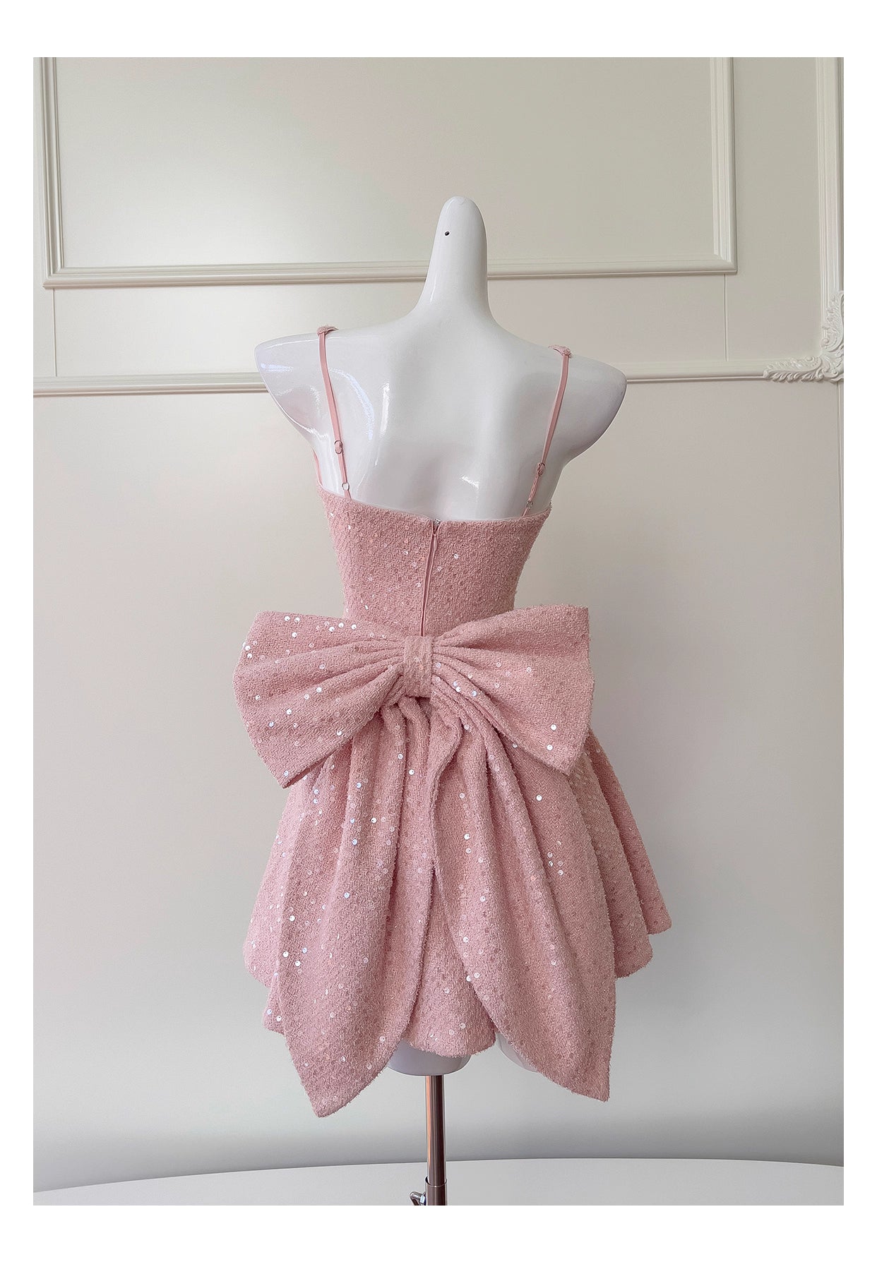 NiceVestidos-Short Homecoming Dress Pink Sequined Tweed Suspender Dress High-End Waist Slimming Bow Short Dress nv5544