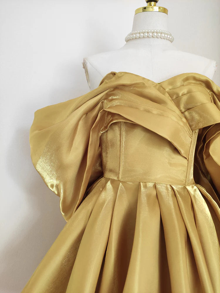 Yellow Homecoming Dress Fashion A-line Off-shoulder Satin Short Birthday Dress nv4271