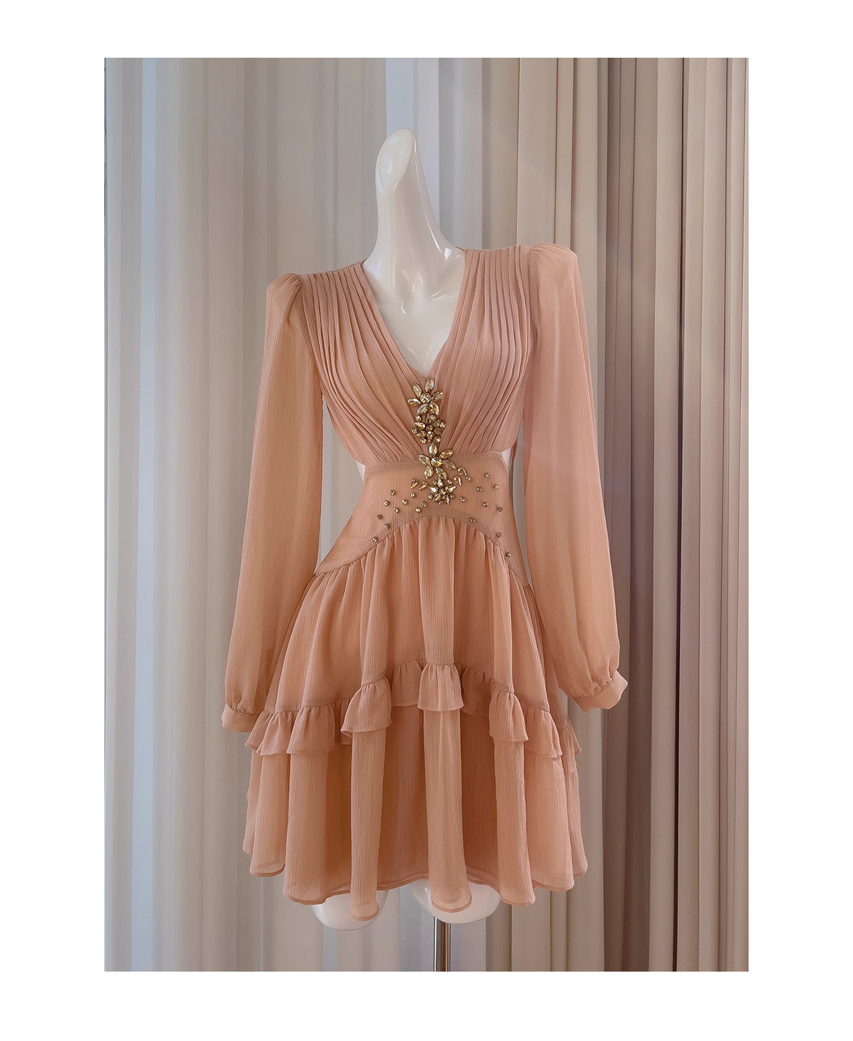 NiceVestidos-Homecoming Dress Floral Champagne Chiffon Gentle And Elegant Short Dress Party Dress nv5553