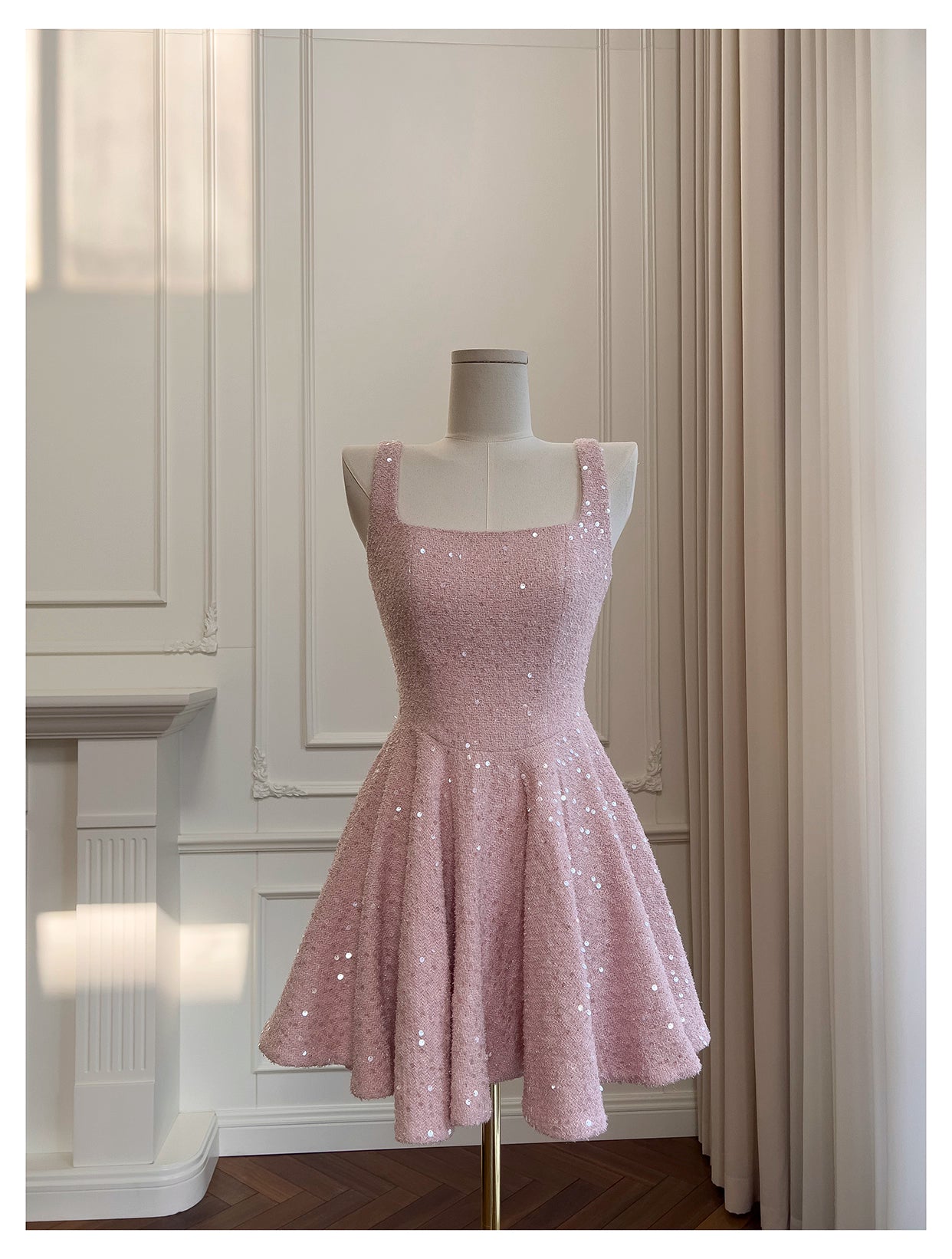 NiceVestidos-Short Homecoming Dress Pink Sequined Tweed Suspender Dress High-End Waist Slimming Bow Short Dress nv5544