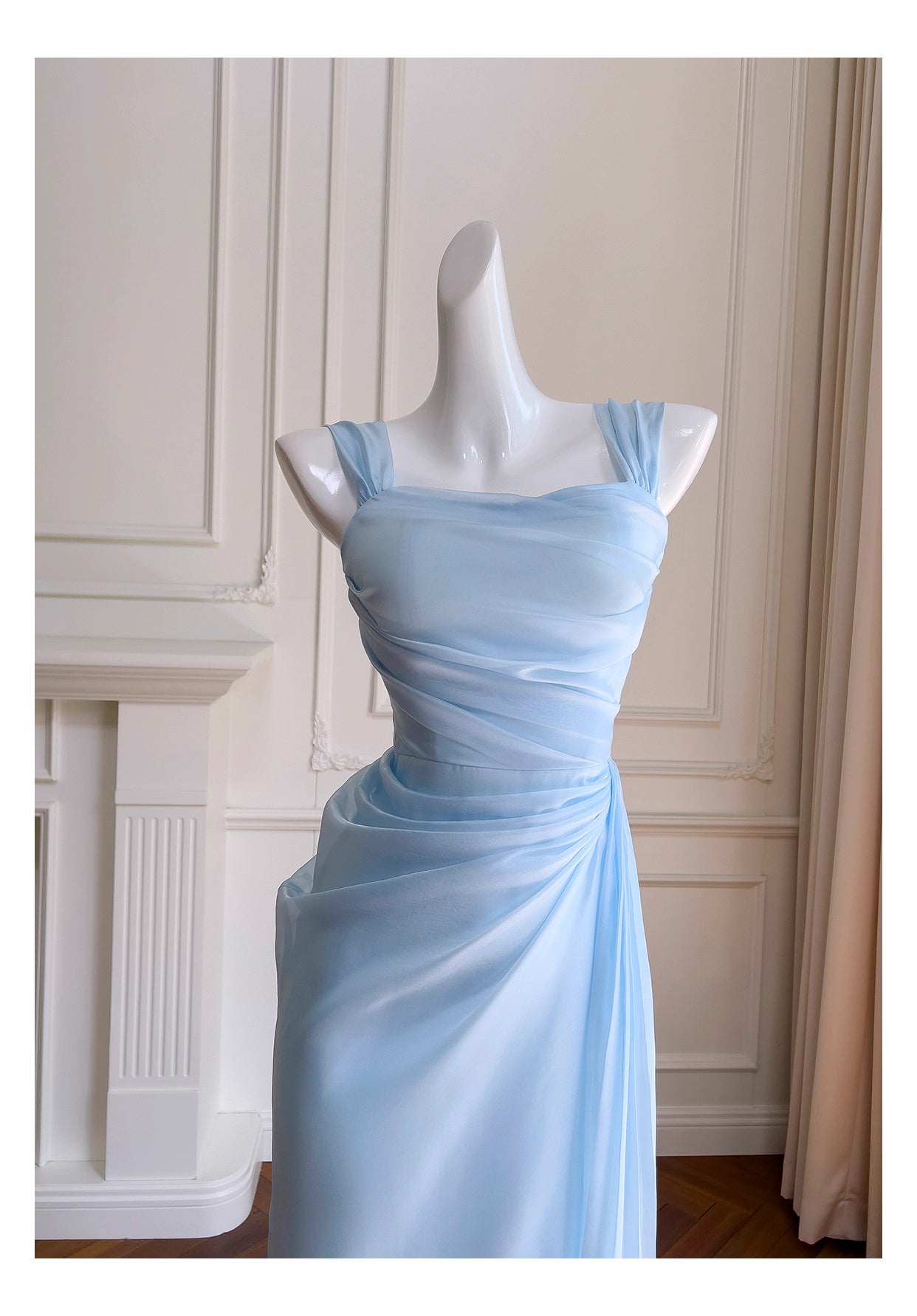 NiceVestidos-Homecoming Dress Blue Suspender Design Waist Long French Retro Summer Popular Dress For Women nv5557