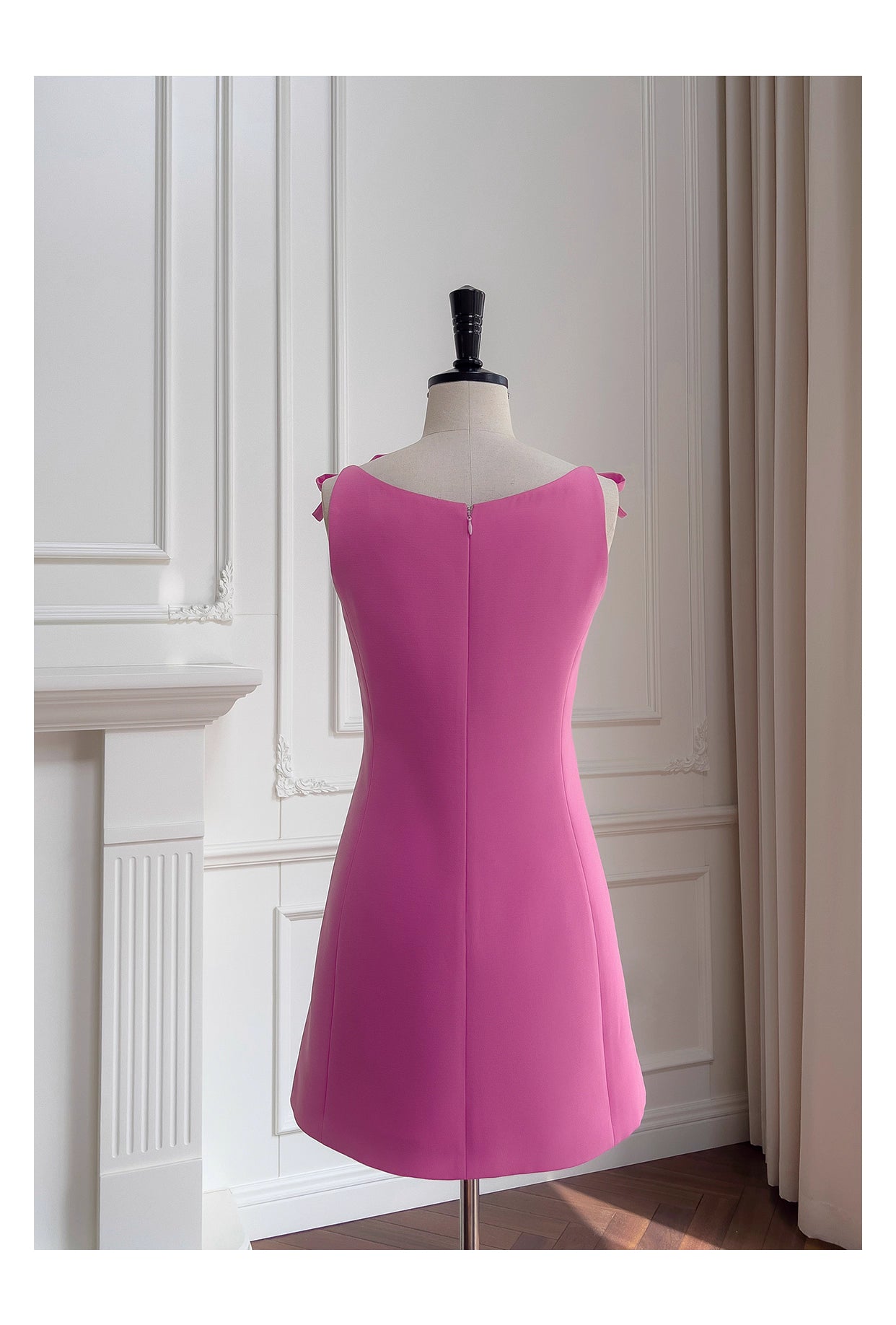 Robe de soirée courte, simple, courte, avec nœud et bretelles, taille haute, rose, rouge, petite taille, nv5550