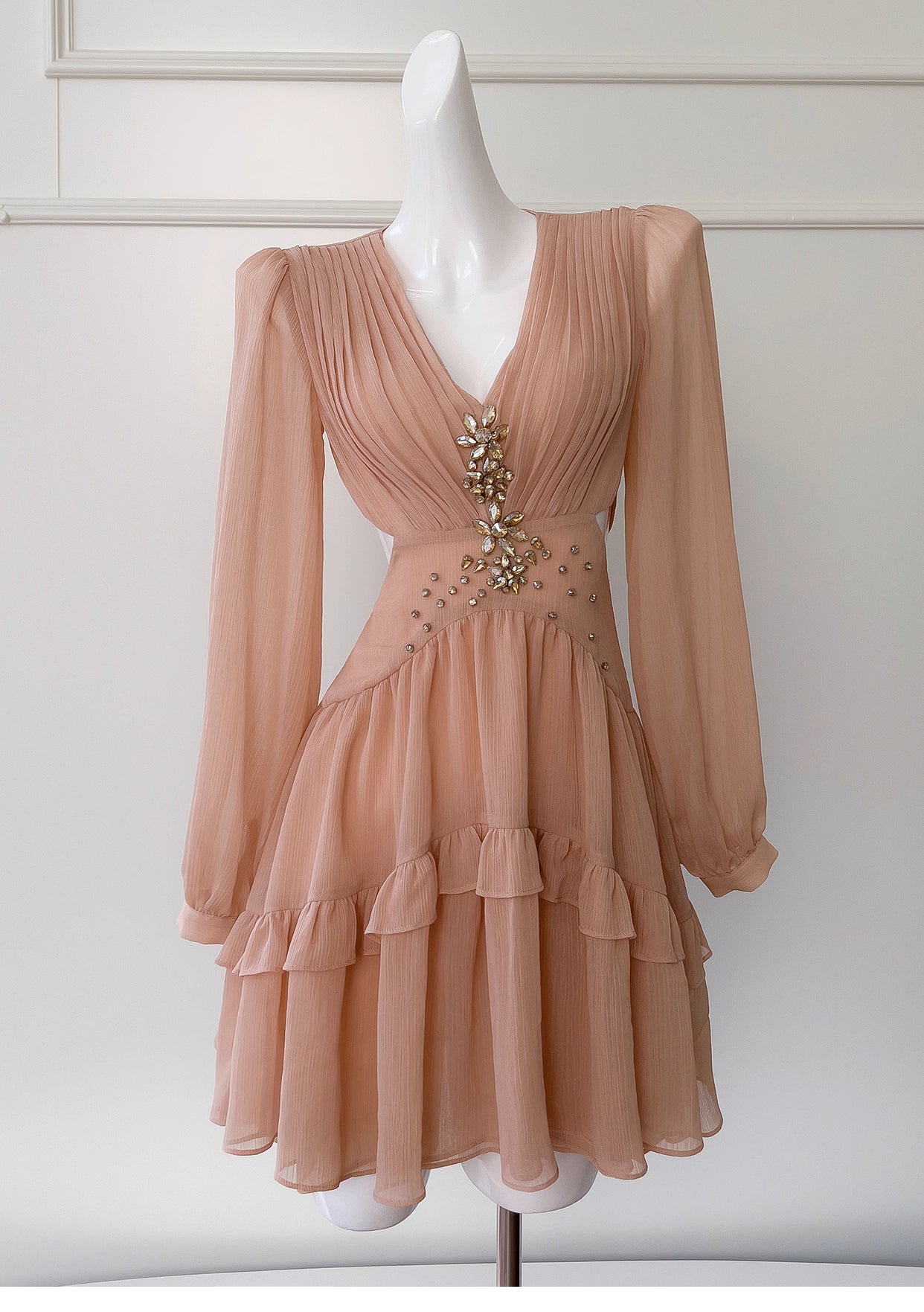 NiceVestidos-Homecoming Dress Floral Champagne Chiffon Gentle And Elegant Short Dress Party Dress nv5553