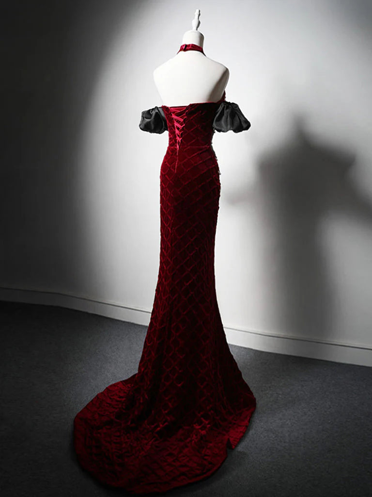 Robe de bal longue en velours bordeaux à col en cœur et sirène, robe de soirée longue bordeaux nv1868