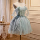 Green Tulle Beaded Short Prom Dress, Cute Off Shoulder Homecoming Dress nv1587