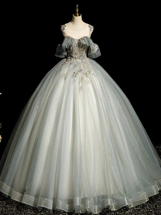 Robe de bal longue en tulle gris bleu à col rond et coupe trapèze, robe de soirée longue en tulle et dentelle à paillettes nv1495