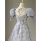 Süßes langes Ballkleid mit Blumenmuster, A-Linie, Puffärmeln, blaues Partykleid, Abschlusskleid, Abendkleid nv1860