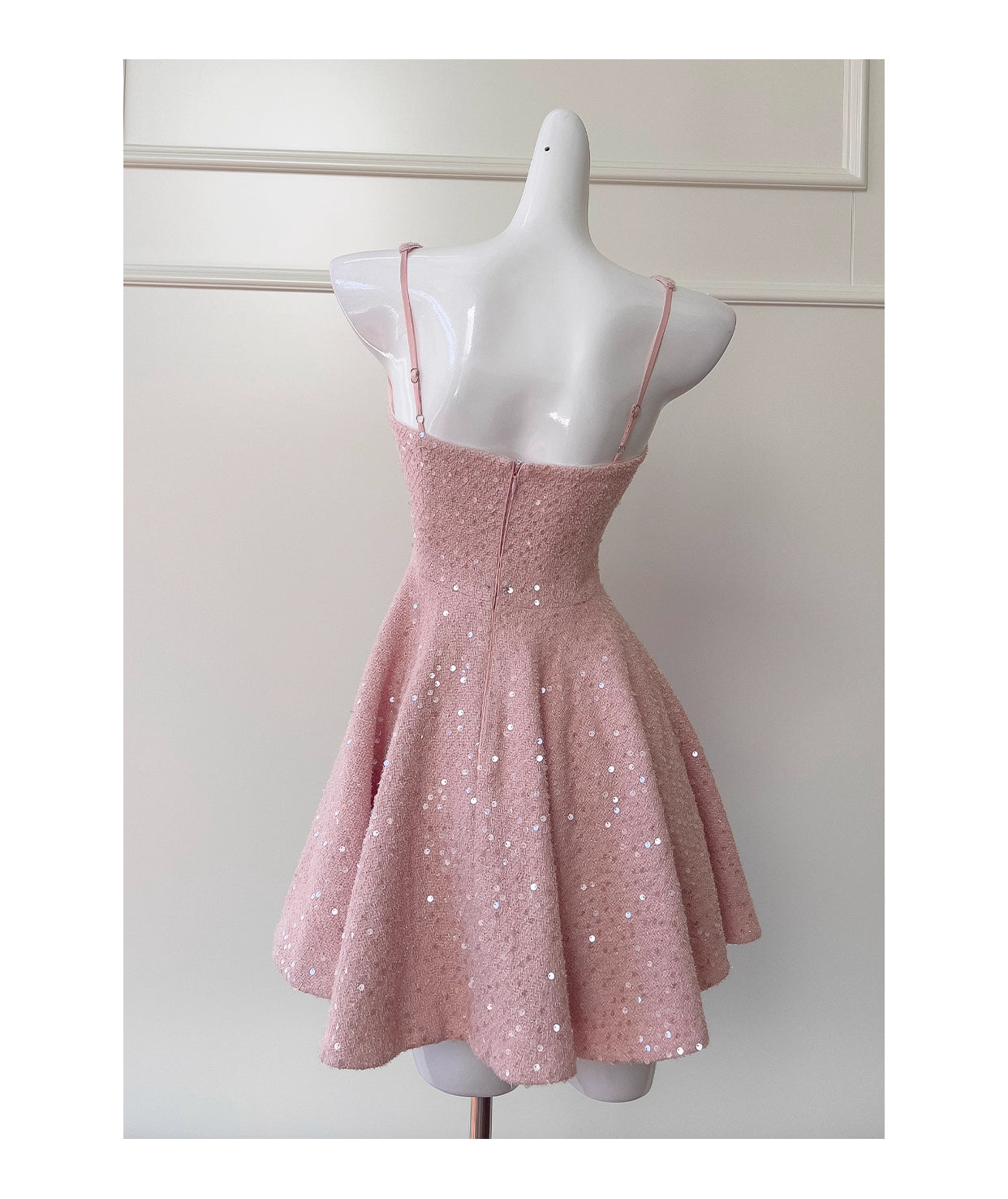 NiceVestidos-Short Homecoming Dress Pink Sequined Tweed Suspender Dress High-End Waist Slimming Bow Short Dress nv5544