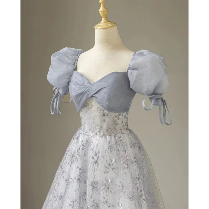 Süßes langes Ballkleid mit Blumenmuster, A-Linie, Puffärmeln, blaues Partykleid, Abschlusskleid, Abendkleid nv1860