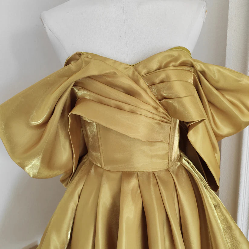 Yellow Homecoming Dress Fashion A-line Off-shoulder Satin Short Birthday Dress nv4271