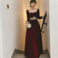 Burgundy Elegant Vintage Impressive A-Line Velvet with Appliques Long Sleeves Floor Length Round Neck Fall Long Prom Dress Formal Evening Dress Christmas Dress Halloween Wedding Guest Party Dress nv2568