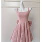 NiceVestidos-Short Homecoming Dress Pink Sequined Tweed Suspender Dress High-End Waist Slimming Bow Short Dress nv5544