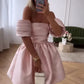 Pink Fashion Off Shoulder Puffy Skirt Mini Dress Ruffled Ball Gown Elegant Evening Dress nv1788